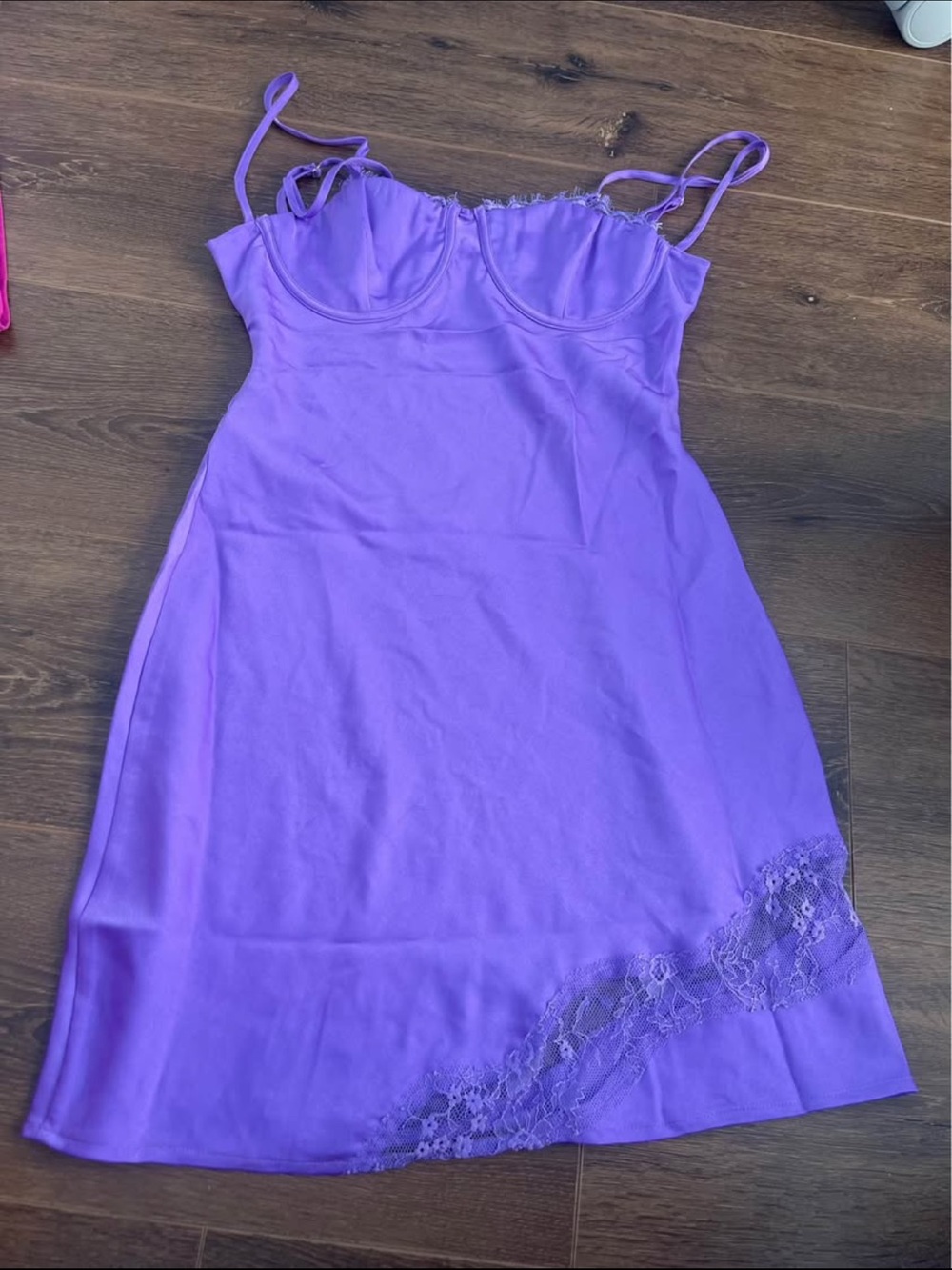 Meshki Lavender Satin Lace-Trim Slip Dress - Picture 2 of 3
